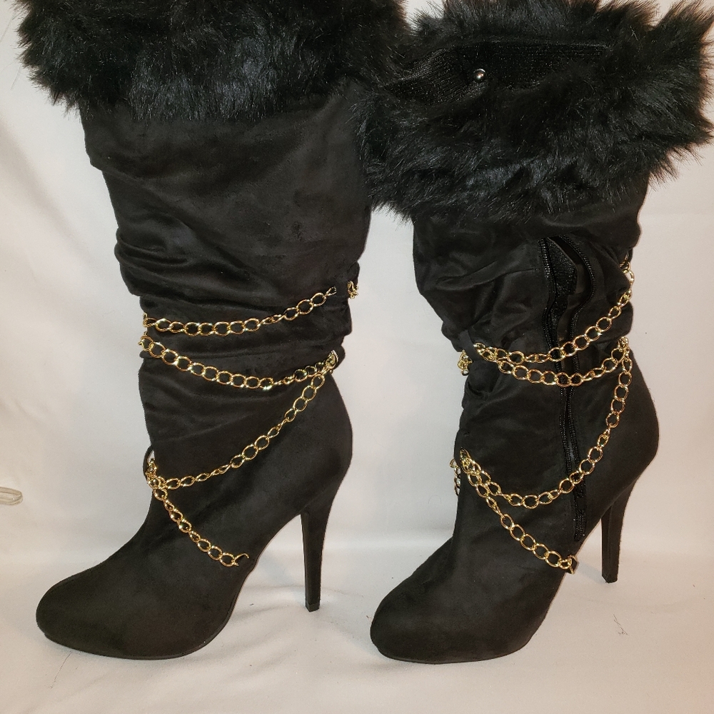 Black Knee High Chain Fur Suede Boots